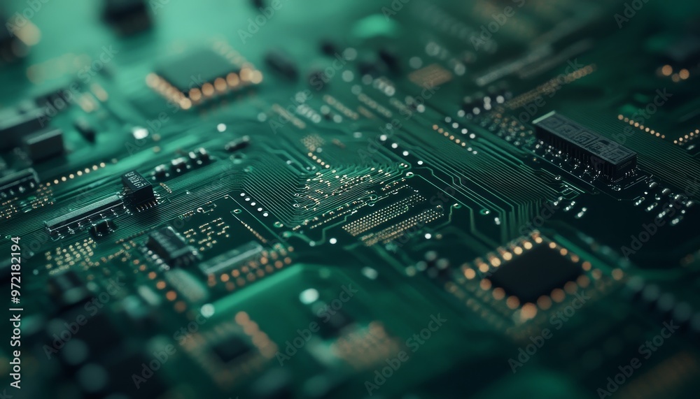 Close up of a detailed green circuit board highlighting technology and innovative structures Close up of a detailed green circuit board highlighting technology and innovative structures