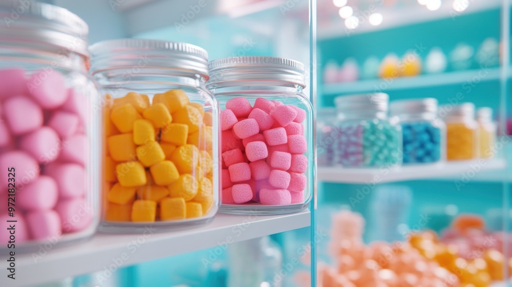 A candy shop brimming with jars of brightly colored sweets A candy shop brimming with jars of brightly colored sweets