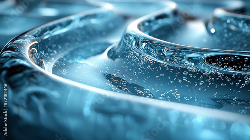 Close-up of a swirling blue liquid with air bubbles.