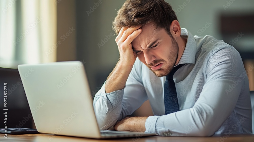 A stressed businessman, overwhelmed by work, sits at his desk with a laptop, deep in thought. Capturing the essence of anxiety. A stressed businessman, overwhelmed by work, sits at his desk with a laptop, deep in thought. Capturing the essence of anxiety.