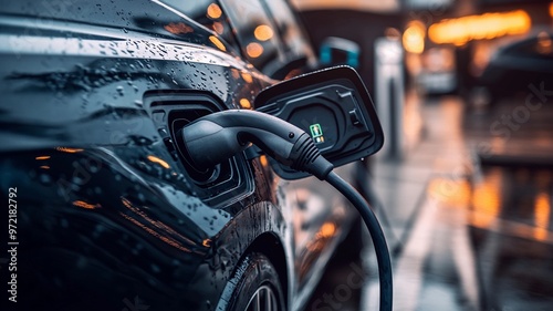 Close-up of an electric vehicle plugged into a charging station, symbolizing eco-friendly transportation and clean energy technology. 