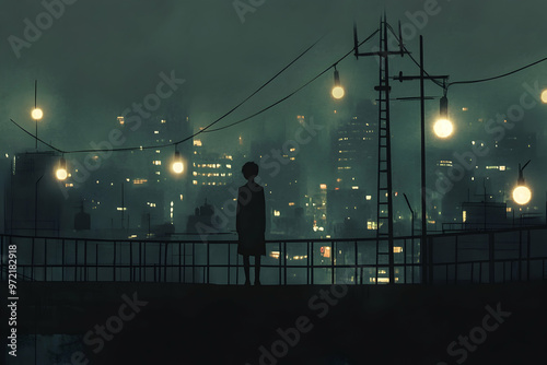 A solitary figure stands on a rooftop, looking out over the cityscape at night.