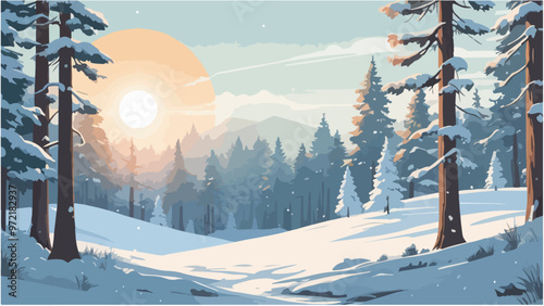 Beautiful sunshine winter forest with snowfall, vector illustration