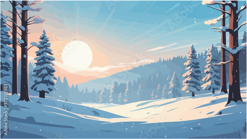 Beautiful winter forest with sunshine trees and mountains, vector illustration