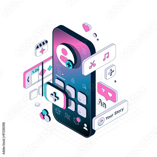 Mobile App for Create and Edit Short Clips. Isometric vector illustration. Interface elements in different dimension
