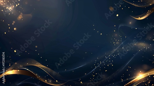 Elegant abstract background with dark blue and gold particles, Christmas golden light bokeh on navy blue, gold foil texture for holiday themes