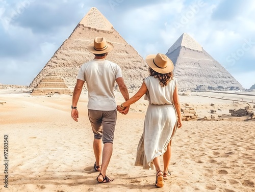 Senior Couple of tourists walking in front of the pyramids of Giza in Egypt