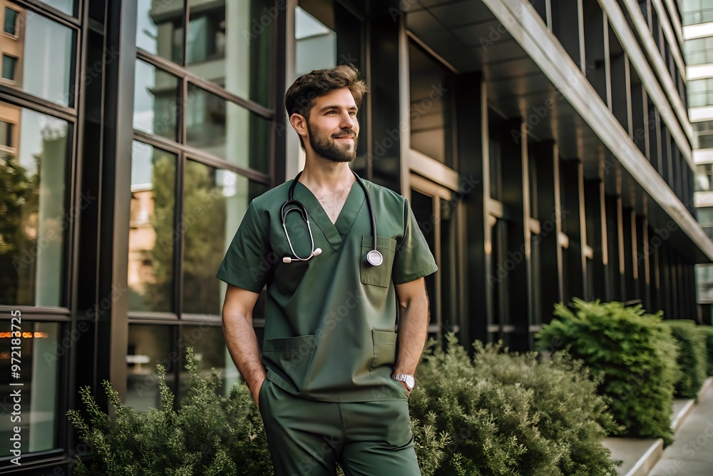 Confident Doctor Standing Outside Hospital. Confident Doctor Standing Outside Hospital.