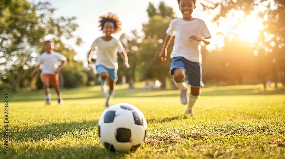 Fototapeta premium Children playing soccer on a sunny day.