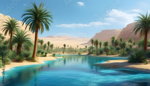 Serene desert oasis featuring lush palm trees, crystal-clear waters, and a radiant blue sky, embodying tranquility and stunning natural beauty