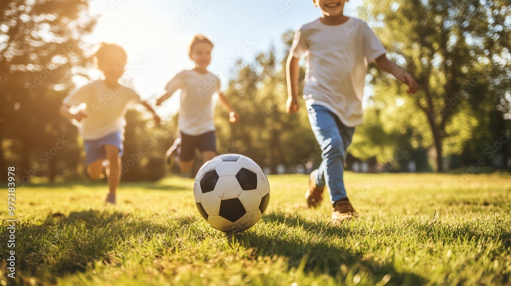 Three happy boys playing soccer in a park on a sunny day. Three happy boys playing soccer in a park on a sunny day.