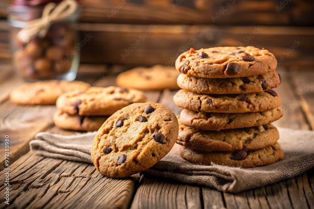 Delicious Chocolate Chip Cookies on Rustic Wooden Table. Delicious Chocolate Chip Cookies on Rustic Wooden Table.