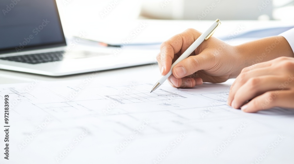 A professional drawing plans with a pen on paper, with a laptop in the background, showcasing architectural design. A professional drawing plans with a pen on paper, with a laptop in the background, showcasing architectural design.