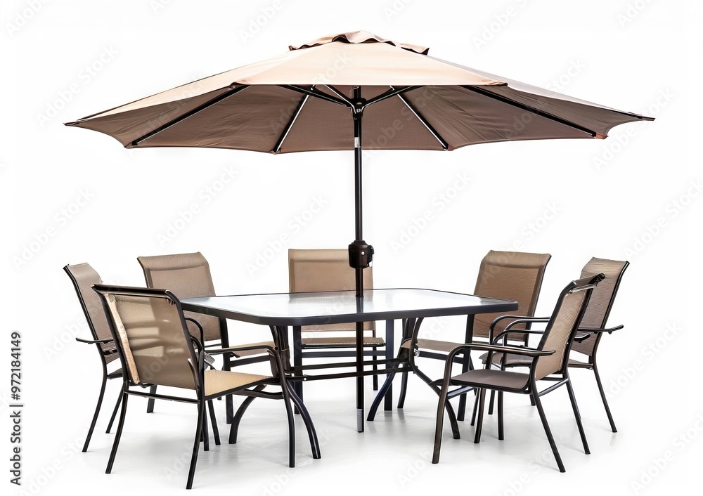 Elegant outdoor dining set with eight chairs and a large umbrella, perfect for gatherings and al fresco dining.