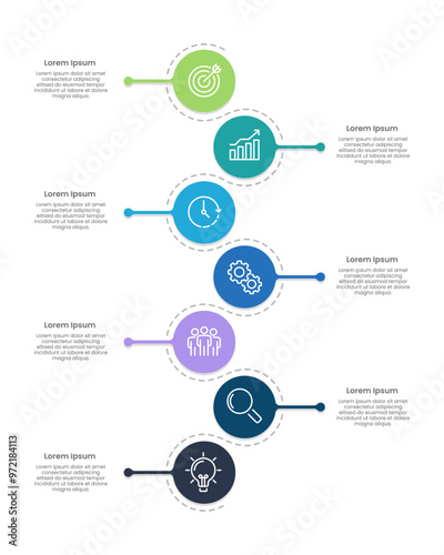 7 steps infographic curve and colorful circle design template. Business presentation, workflow, strategy and planning. Vector illustration.