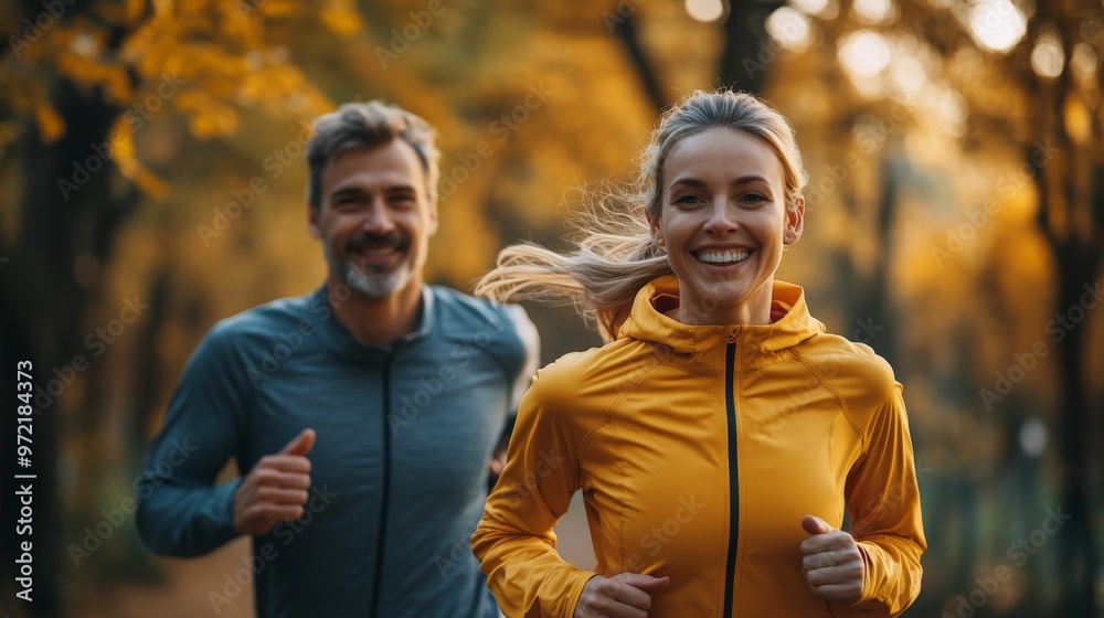 Fototapeta premium Cheerful athletic couple jogging through park