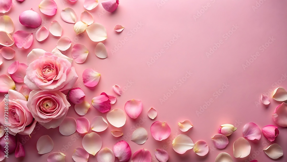 Pink Rose Petals and Flowers on Pink Background. Pink Rose Petals and Flowers on Pink Background.