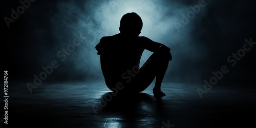 A silhouette of a person sitting on the floor, shrouded in a dark blue fog. photo