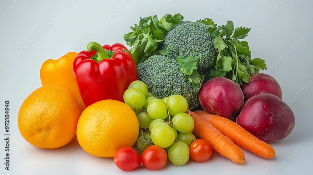 Fresh produce on a white background, including oranges, grapes, broccoli, carrots, tomatoes, and peppers. Fresh produce on a white background, including oranges, grapes, broccoli, carrots, tomatoes, and peppers.