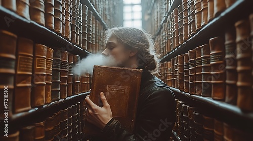 A person carefully blowing dust off the cover of an ancient, forgotten book in a dark, quiet library, shelves filled with old, leather-bound books surrounding them, photo