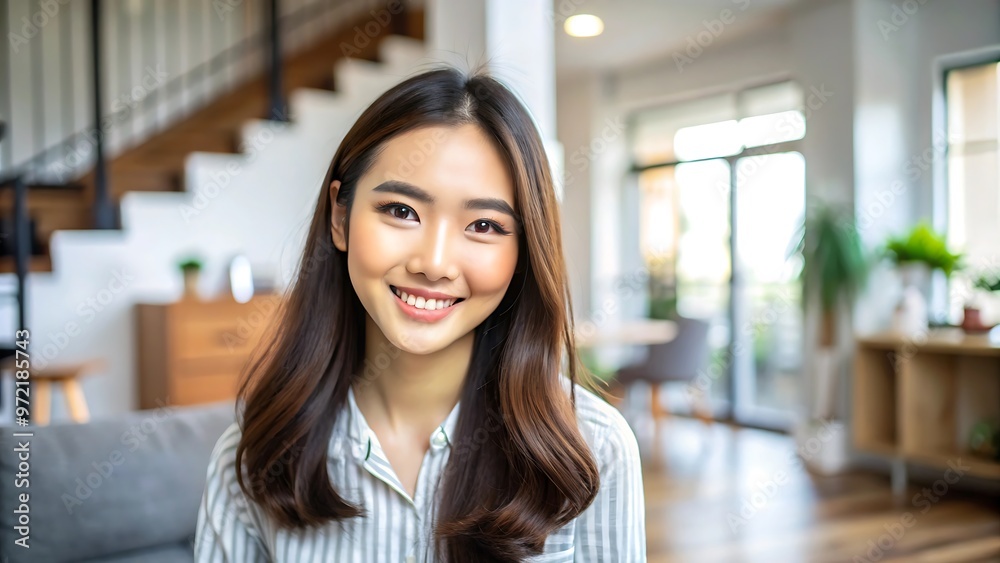 Smiling Asian Woman Sitting on Sofa in Modern Living Room. Smiling Asian Woman Sitting on Sofa in Modern Living Room.