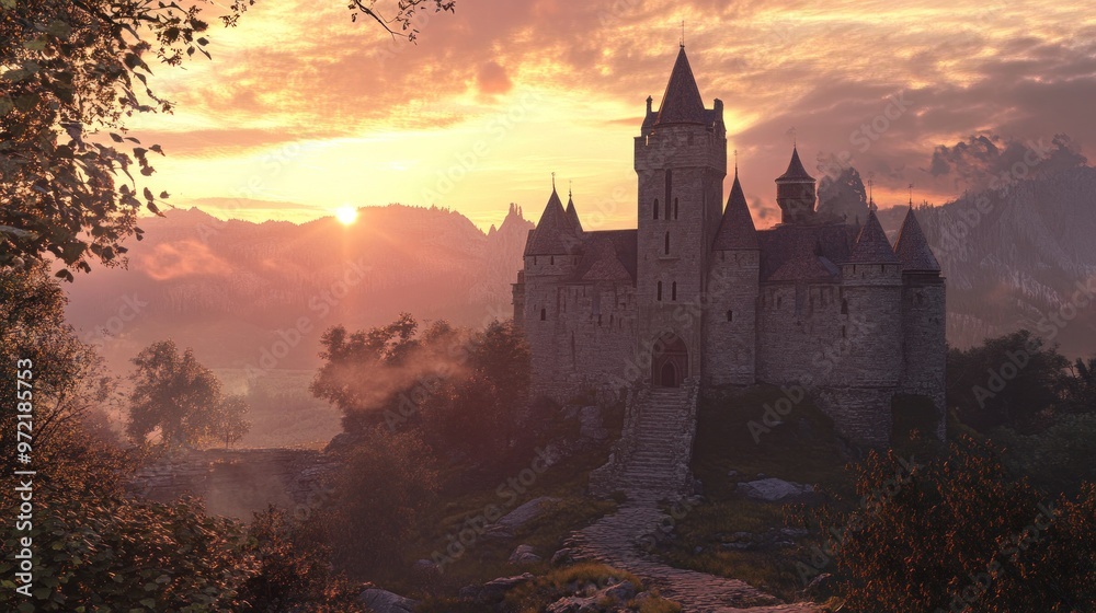 Fototapeta premium A picturesque medieval castle at sunset, surrounded by mountains and lush landscapes.
