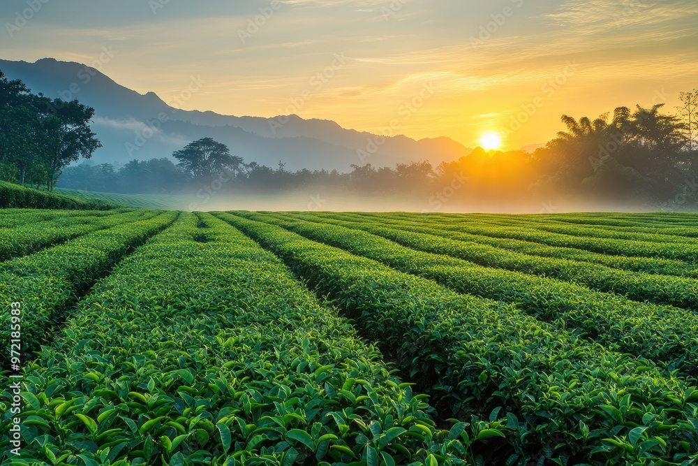 Sunrise over a lush tea plantation. Perfect for showcasing the beauty of nature and tea production. Sunrise over a lush tea plantation. Perfect for showcasing the beauty of nature and tea production.