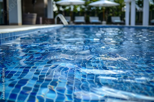 Water in swimming pool background horizontal composition, Close-up structure design of blue water lake, Serene Blue Reflections: Peaceful Water Surface of a Sparkling Swimming Pool
