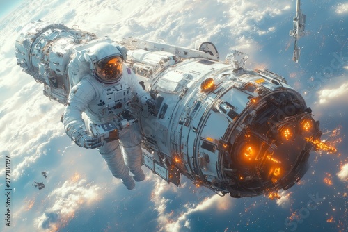 Astronaut floating near a futuristic spacecraft in space.