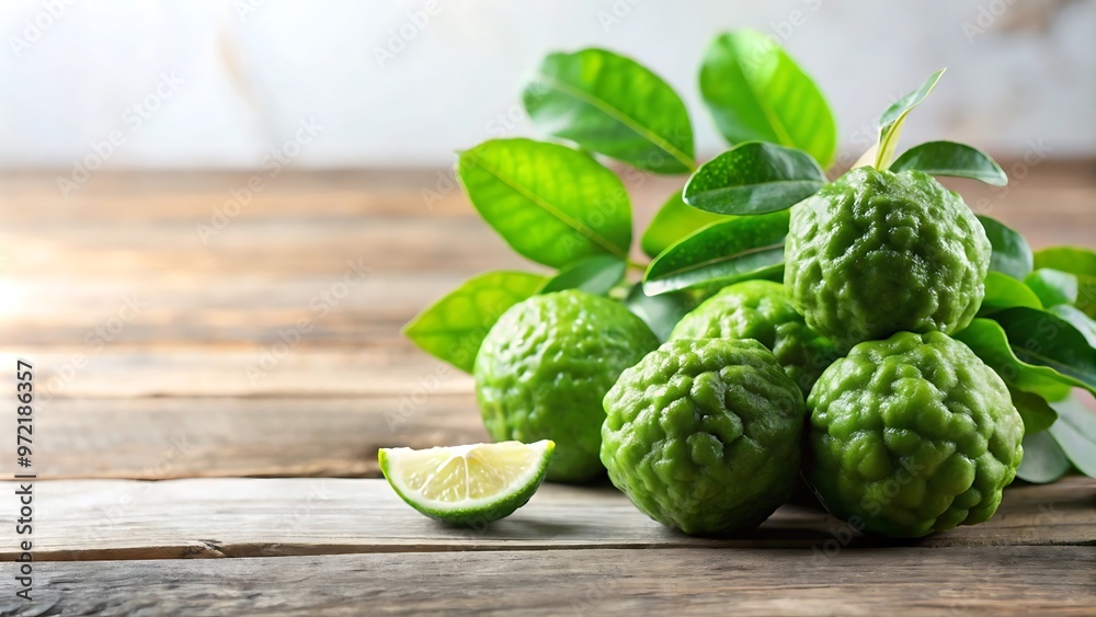 Fresh Kaffir Lime Fruits and Leaves on Rustic Wooden Background. Fresh Kaffir Lime Fruits and Leaves on Rustic Wooden Background.