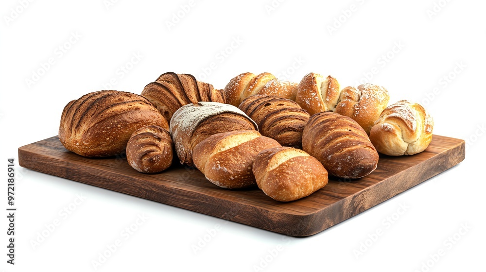 Assortment of freshly baked bread on a rustic wood cutting board.
