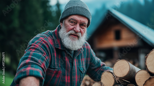 An old man wearing a flannel shirt and beanie stacking logs beside a traditional wooden cottage 