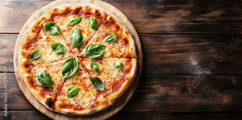 Pizza Margherita with Basil on Wooden Board top view commercial advertising photo