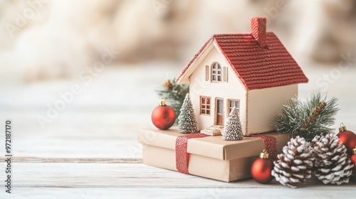 A festive miniature house atop a gift box, surrounded by decorations and pine cones. photo