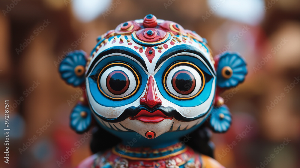 Awe-inspiring depiction of Lord Jagannath with large eyes, vibrant colors, and a festive atmosphere, amidst temple surroundings Awe-inspiring depiction of Lord Jagannath with large eyes, vibrant colors, and a festive atmosphere, amidst temple surroundings