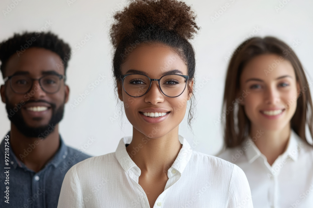 Happy, multiethnic business team standing together, looking at the camera and smiling. This is a panoramic photo with copy space. Happy, multiethnic business team standing together, looking at the camera and smiling. This is a panoramic photo with copy space.