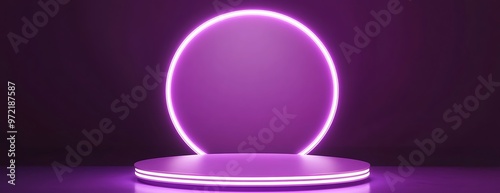 3d neon light pink podium for product display. Cosmetic stage with bright ring. Empty round platform in modern studio for award presentation on purple gradient mockup background. Generative Ai