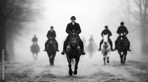 Black and white photograph of a traditional English Boxing Day fox hunt, riders on horses and hounds in the countryside 