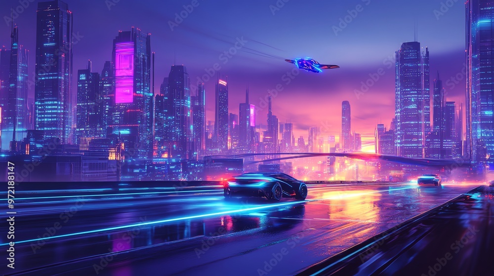 Fototapeta premium A futuristic city with neon lights and a car driving down a highway.