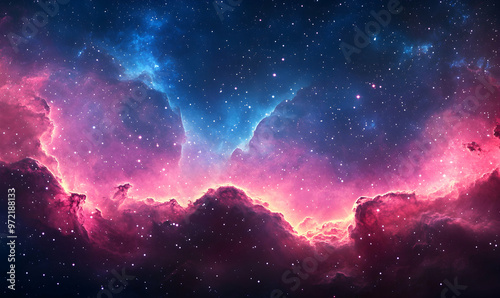 A vibrant nebula in the cosmos, with swirling clouds of pink and blue against a starry background.