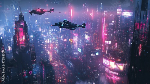 Futuristic cyberpunk city with glowing neon lights and flying spaceships.
