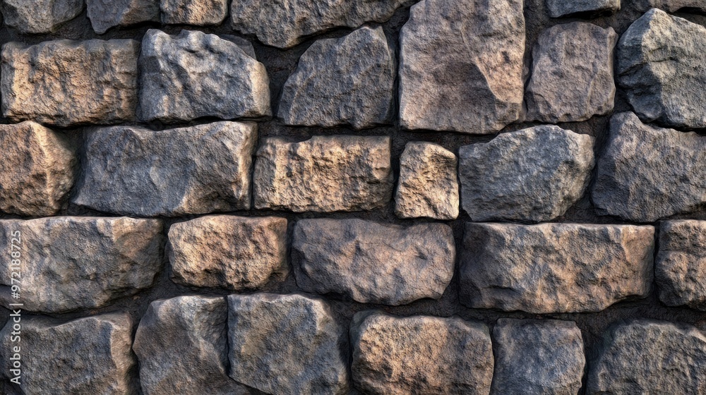 A textured stone wall composed of various sized stones arranged in a rustic pattern. A textured stone wall composed of various sized stones arranged in a rustic pattern.