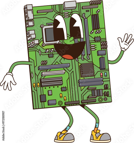 Cartoon groovy computer mother board retro character with funny face, vector funky comic. Groovy freaky laptop or PC motherboard chipset with happy smile on positive vibes for digital emoji