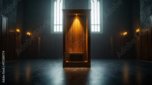 Confessional booth with light gently spilling out, old church ambiance, flickering candles in the background  photo