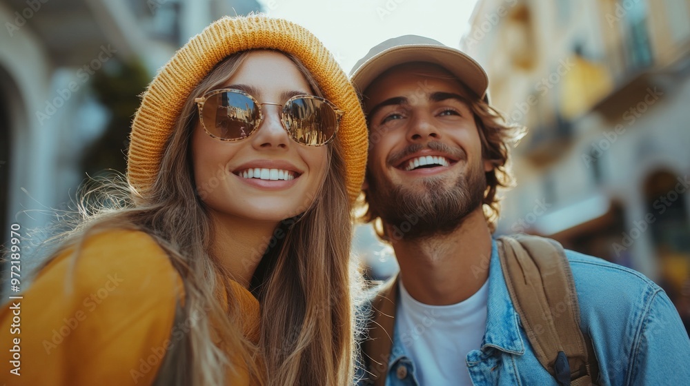 Happy tourist couple walking while exploring city outdoor sunny day