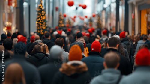 Crowds of shoppers in a bustling mall on Boxing Day, carrying bags, with holiday decorations and sales signs everywhere  photo