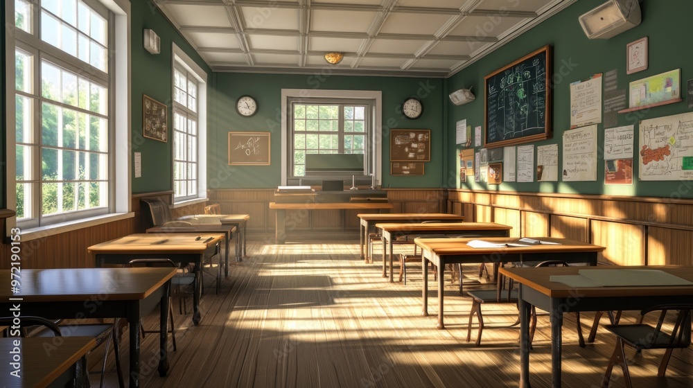 Fototapeta premium A bright, empty classroom with wooden desks, large windows, and educational materials.