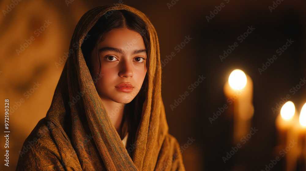 Demure figure with head slightly bowed, wearing a traditional shawl, soft expression, candlelit room Demure figure with head slightly bowed, wearing a traditional shawl, soft expression, candlelit room