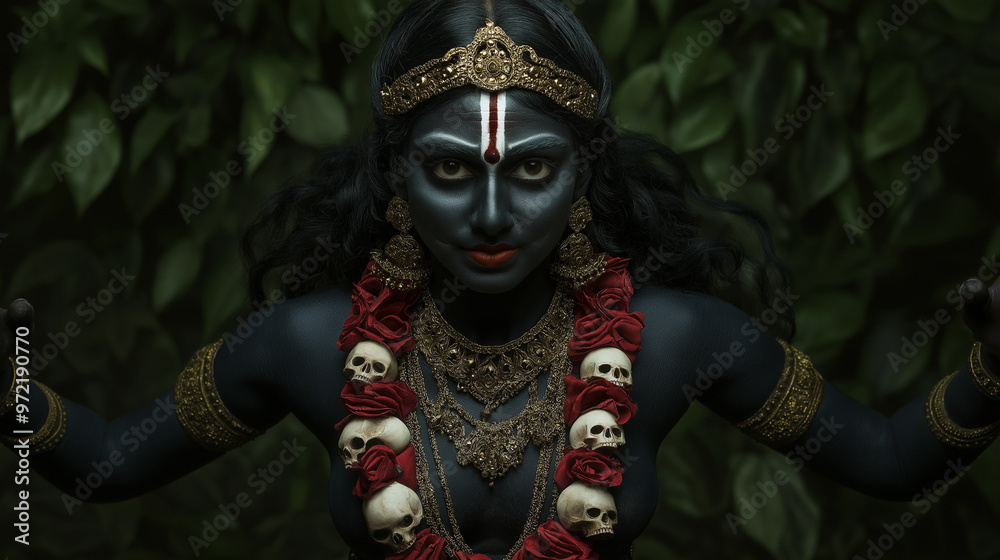 Divine image of Goddess Kali in a dynamic dance pose, with dark skin, a garland of skulls, and a fierce expression 