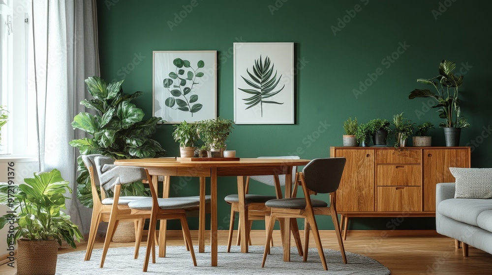 Mint-colored chairs around a round wooden dining table in a living room with a sofa and cabinet near a green wall Mint-colored chairs around a round wooden dining table in a living room with a sofa and cabinet near a green wall